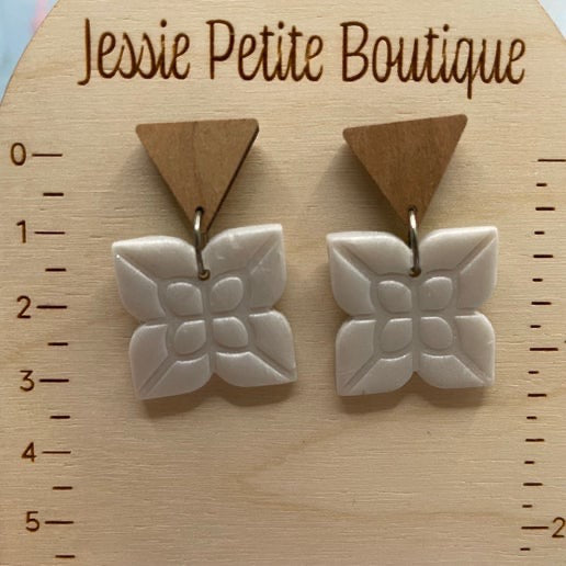 Wood & White Floral Square Earrings- Stainless steel