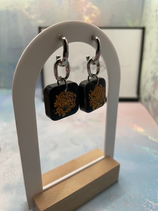 Square Black & Orange Flower Earrings-STAINLESS STEEL