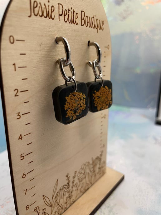 Square Black & Orange Flower Earrings-STAINLESS STEEL