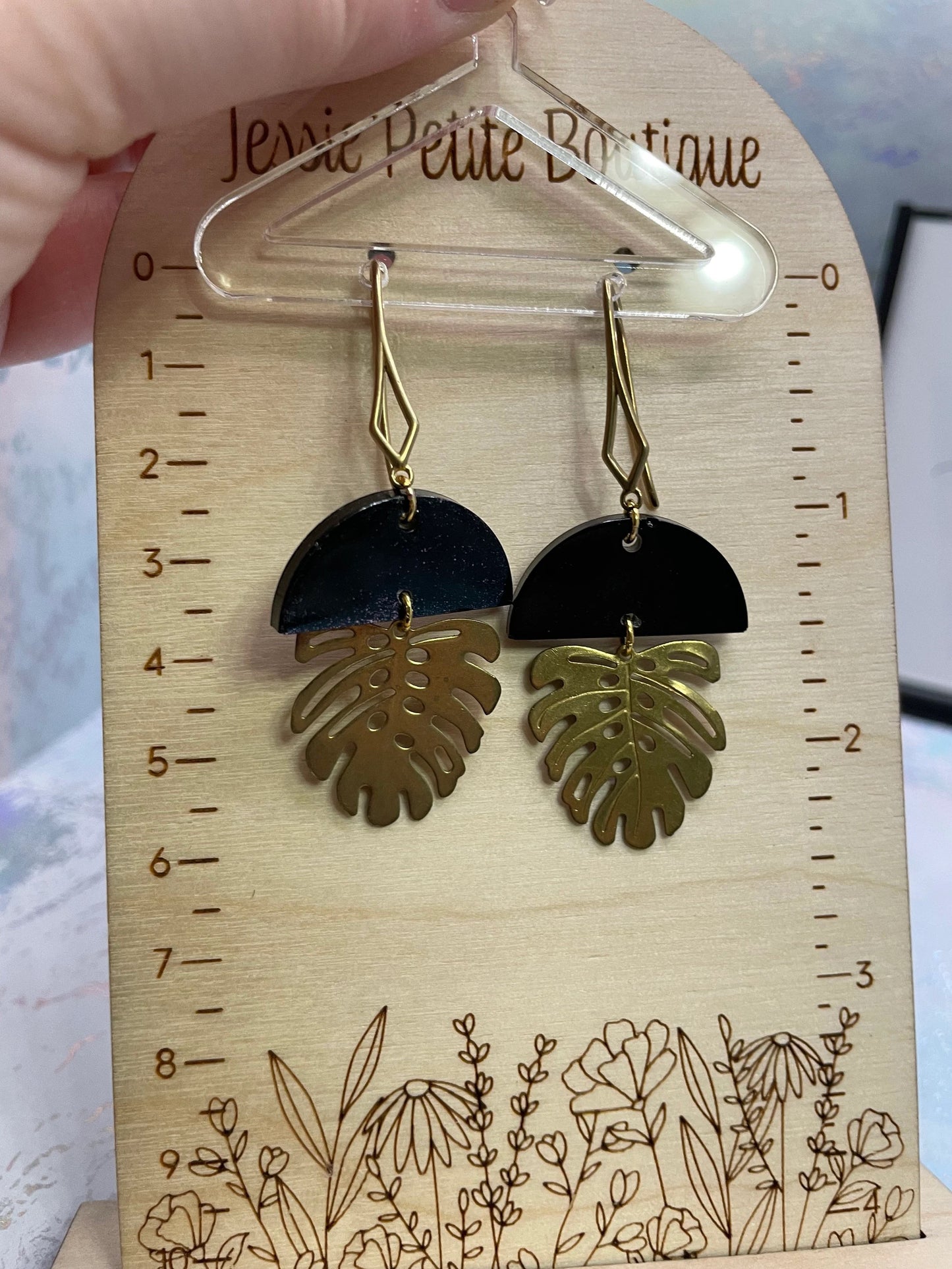 Black & Gold Monstera Earrings -Nickel Free