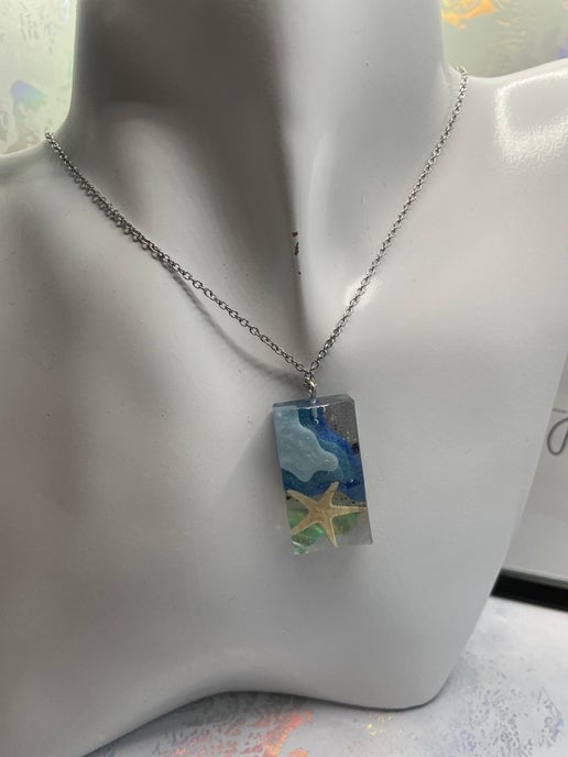 Ocean Starfish Rectangle Necklace-18'' Silver Chain NICKEL FREE