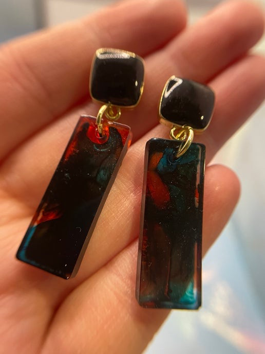 Rectangular Resin Statement Earrings β Teal, Orange & Black (Nickel Free)