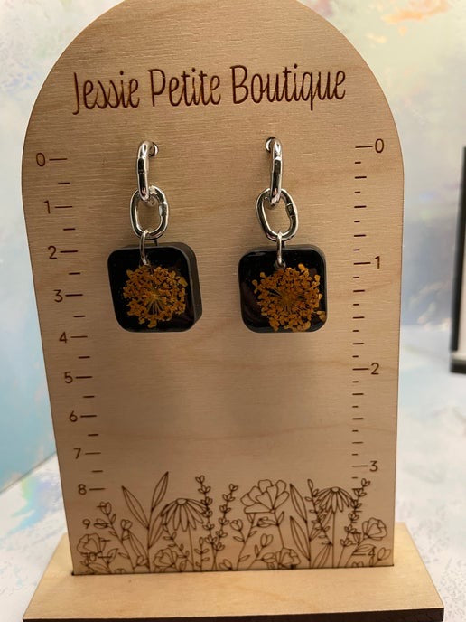 Square Black & Orange Flower Earrings-STAINLESS STEEL