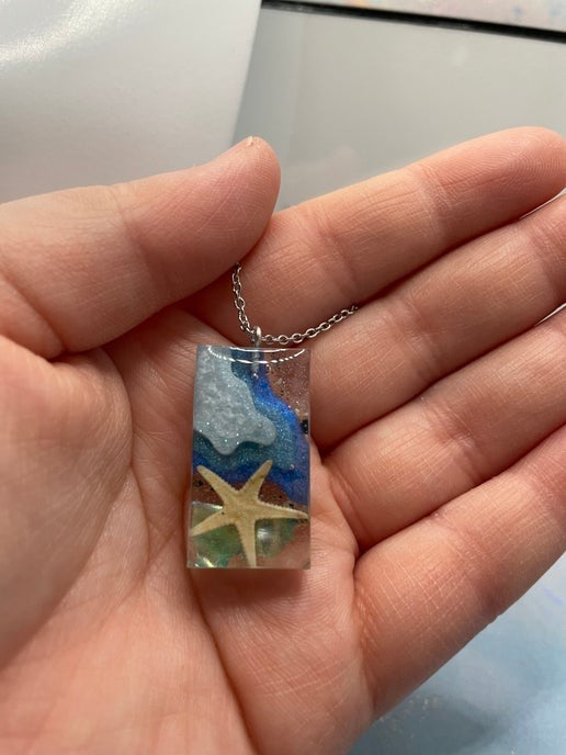 Ocean Starfish Rectangle Necklace-18'' Silver Chain NICKEL FREE