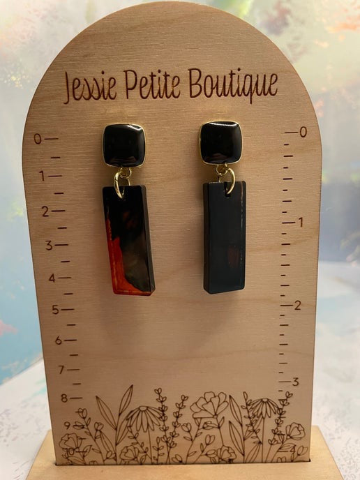 Rectangular Resin Statement Earrings β Teal, Orange & Black (Nickel Free)