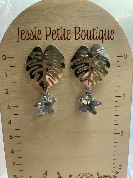 Silver Monstera Drop Earrings With Acrylic Star