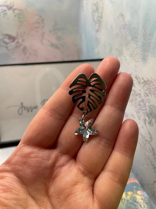 Silver Monstera Drop Earrings With Acrylic Star