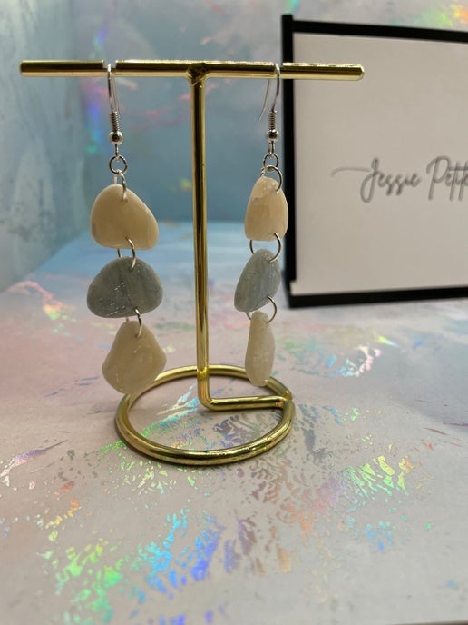 Beige & Blue Pebble Dangle Earrings