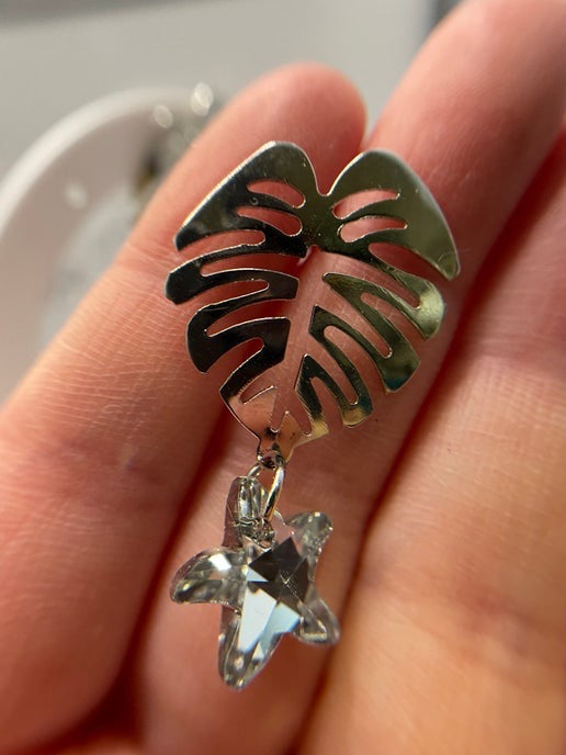 Silver Monstera Drop Earrings With Acrylic Star