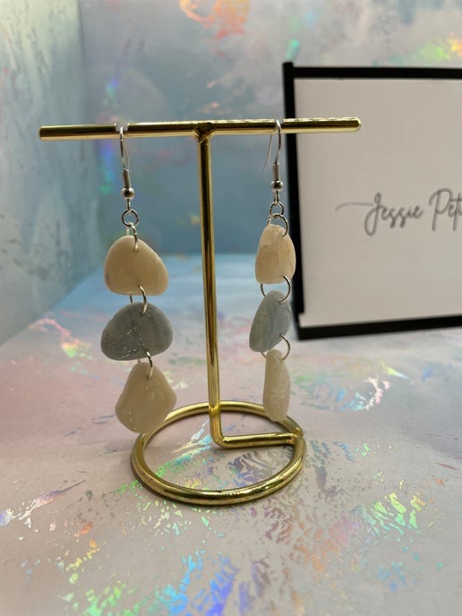 Beige & Blue Pebble Dangle Earrings