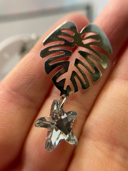 Silver Monstera Drop Earrings With Acrylic Star