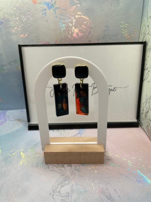 Rectangular Resin Statement Earrings β Teal, Orange & Black (Nickel Free)