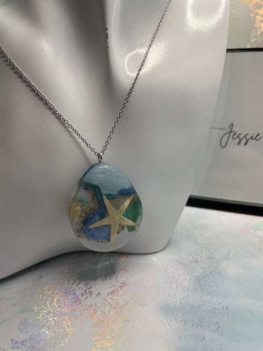 Ocean Starfish Teardrop Necklace- 24" Silver, Nickel-Free, Stainless Steel