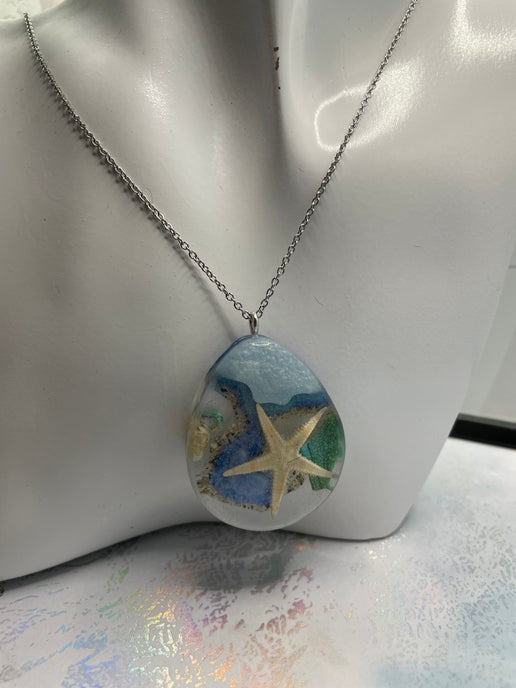 Ocean Starfish Teardrop Necklace- 24" Silver, Nickel-Free, Stainless Steel