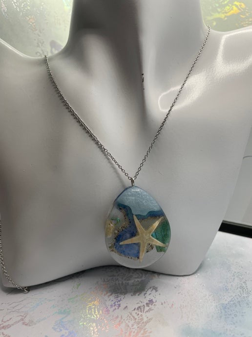 Ocean Starfish Teardrop Necklace- 24" Silver, Nickel-Free, Stainless Steel
