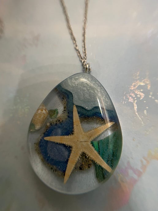 Ocean Starfish Teardrop Necklace- 24" Silver, Nickel-Free, Stainless Steel
