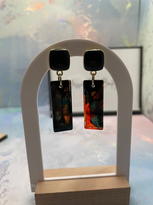 Rectangular Resin Statement Earrings β Teal, Orange & Black (Nickel Free)