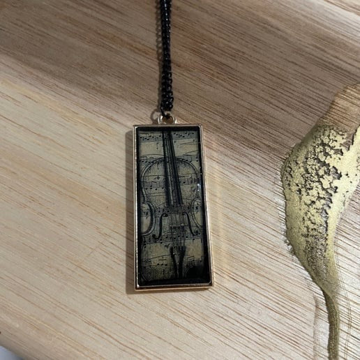 Vintage Violin Rectangle Pendant Necklace – Black Chain