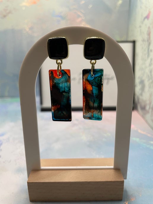 Rectangular Resin Statement Earrings β Teal, Orange & Black (Nickel Free)