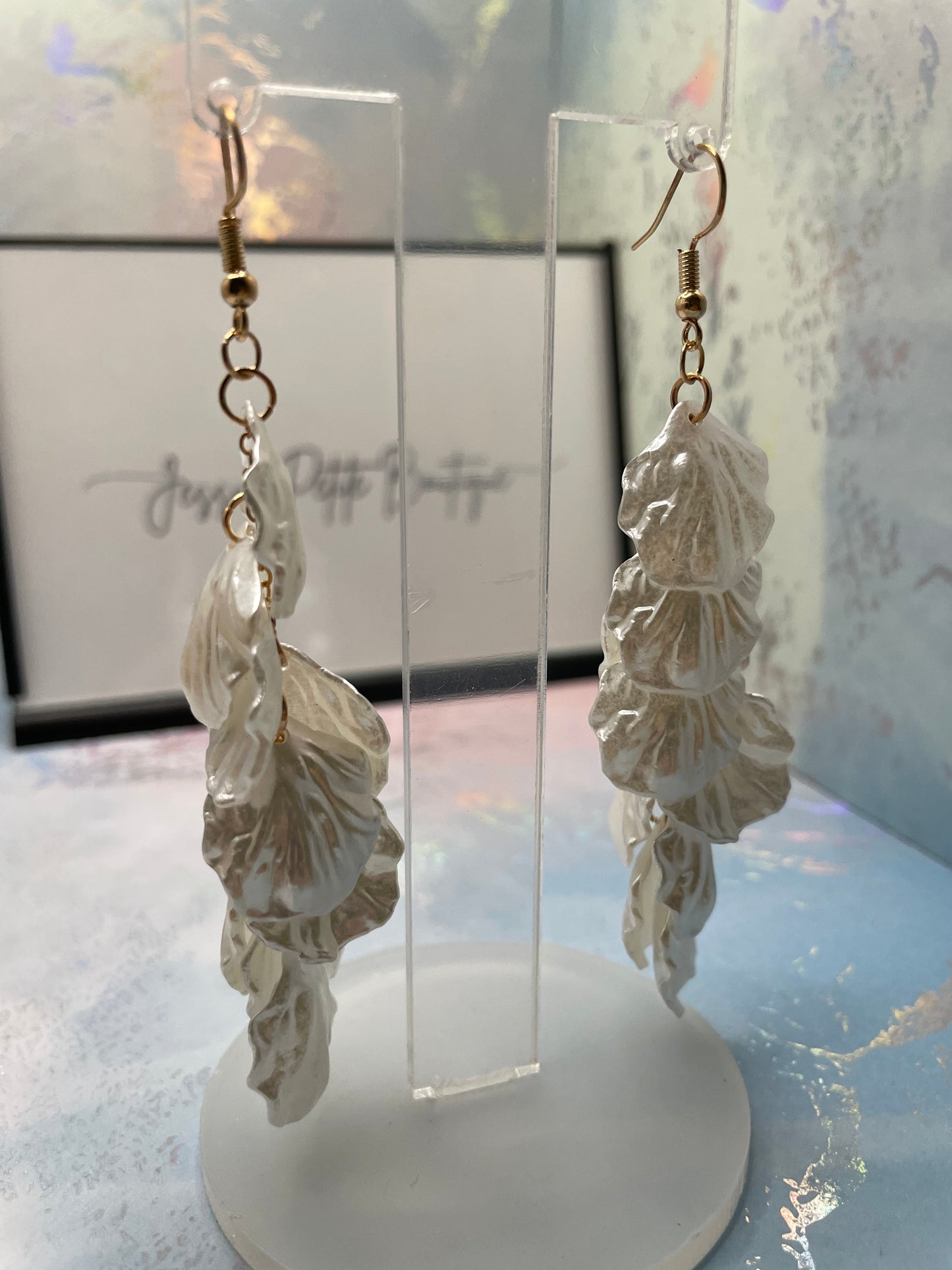 White Acetate Acrylic Petal Dangle Earrings