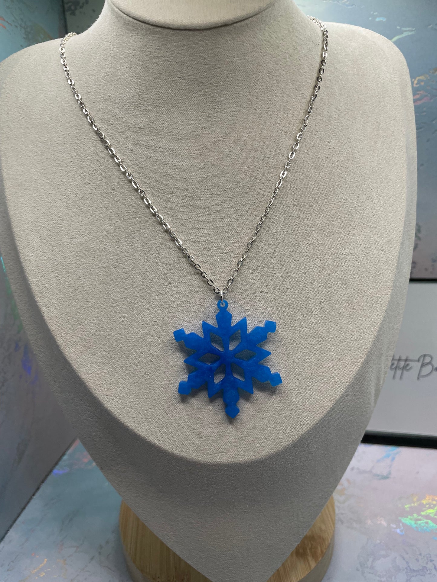 Blue Snowflake Pendant Necklace, 24'' silver chain