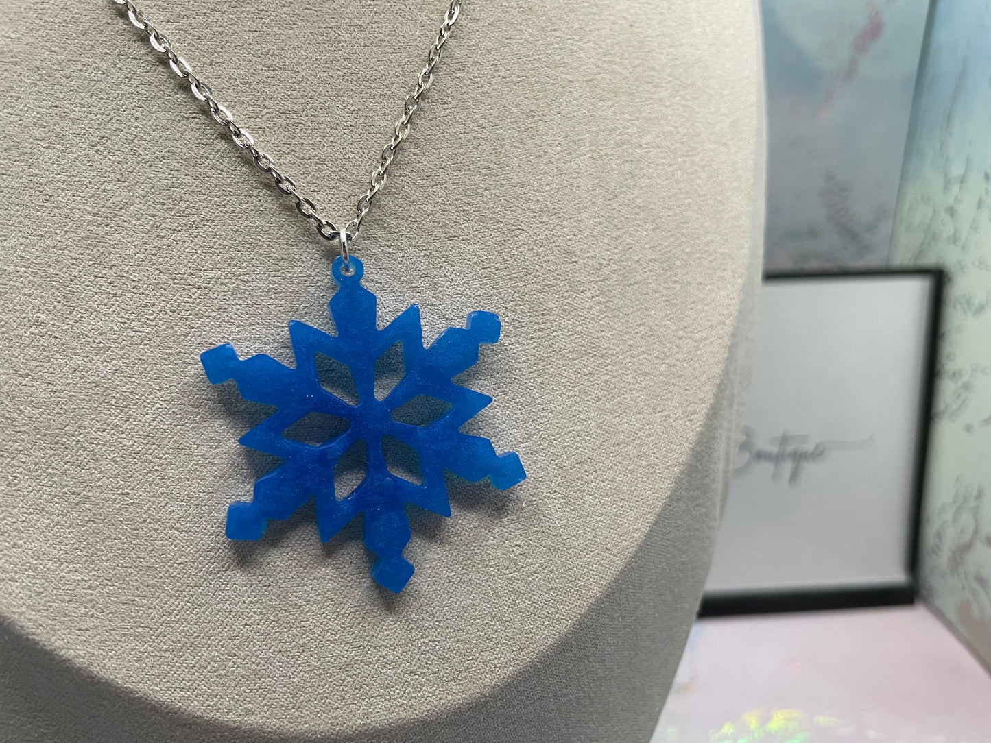 Blue Snowflake Pendant Necklace, 24'' silver chain