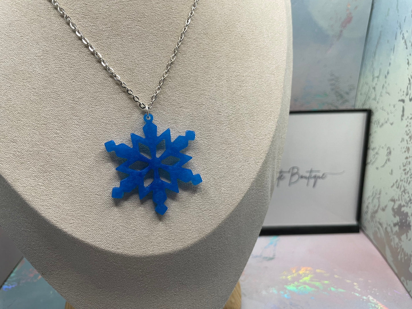 Blue Snowflake Pendant Necklace, 24'' silver chain
