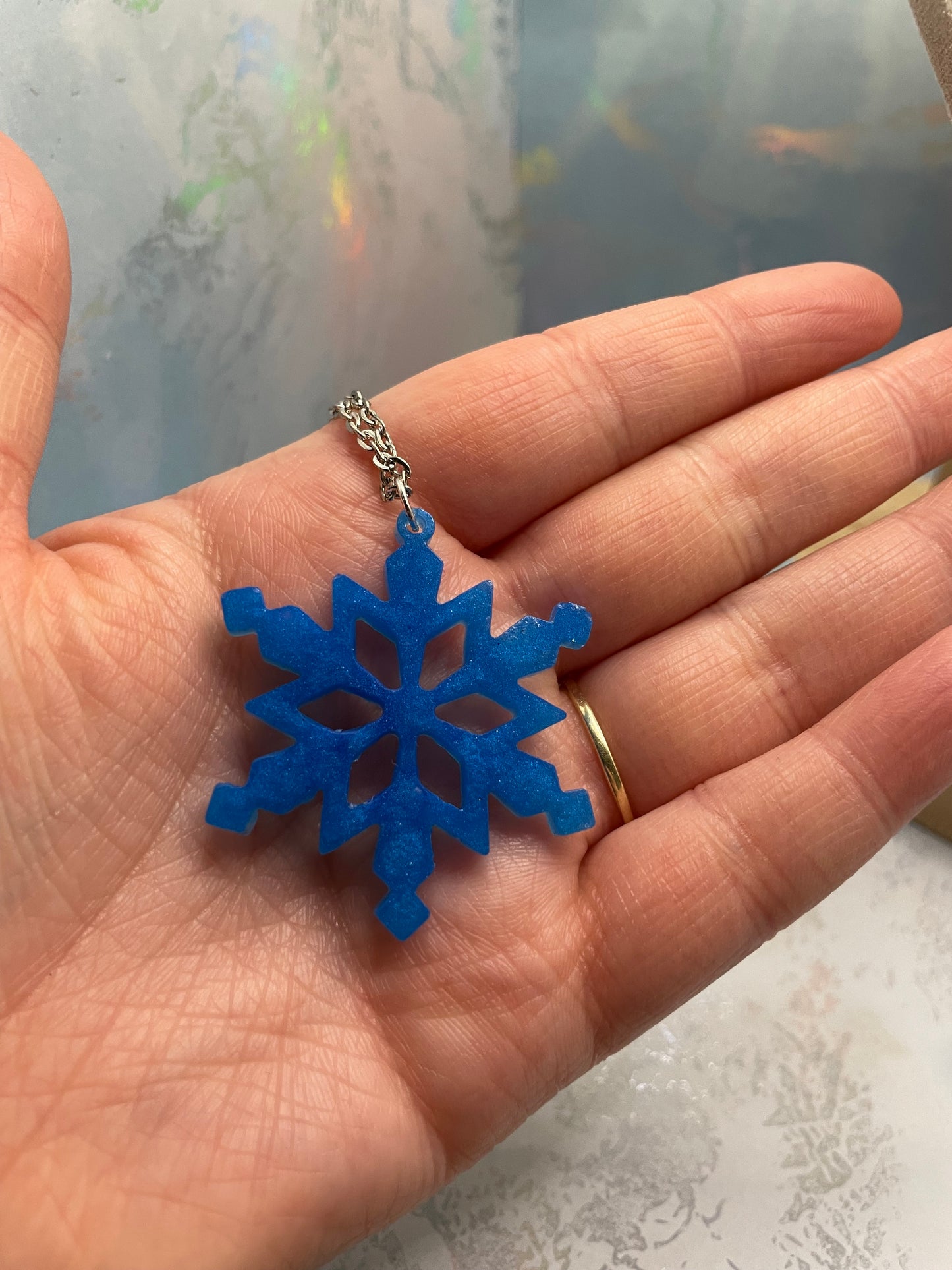 Blue Snowflake Pendant Necklace, 24'' silver chain
