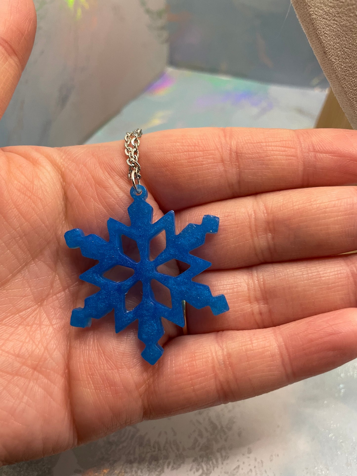 Blue Snowflake Pendant Necklace, 24'' silver chain