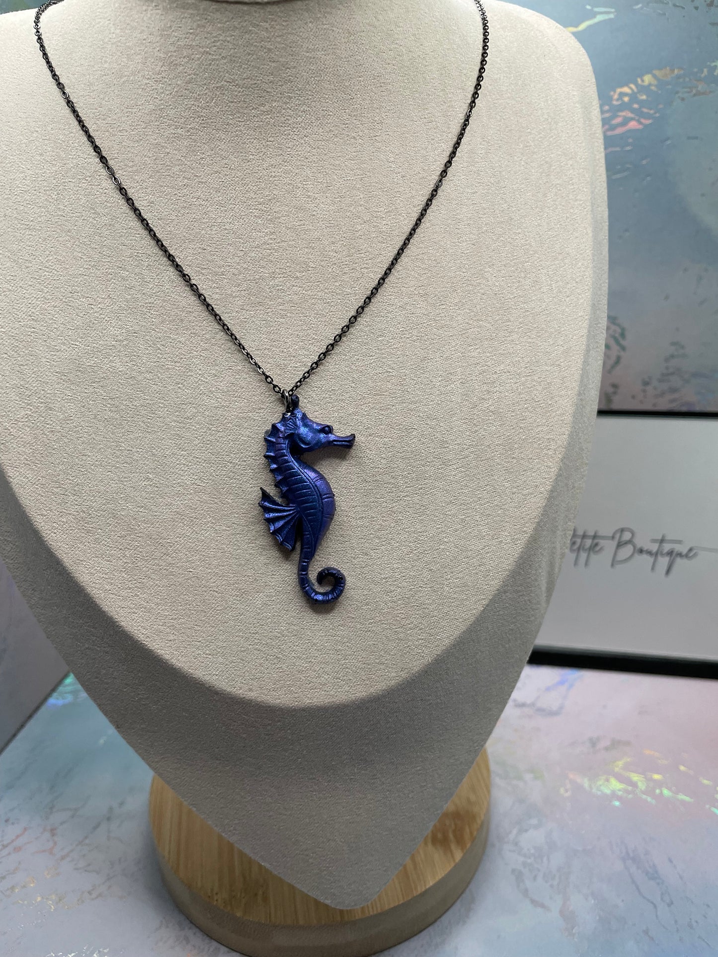 Chameleon Blue Seahorse Necklace 20''black chain NICKEL FREE