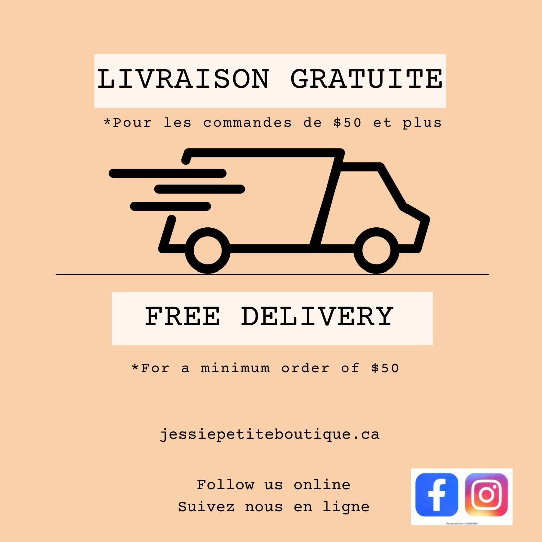 Free delivery offer with a truck icon on a beige background, featuring text in French and English.