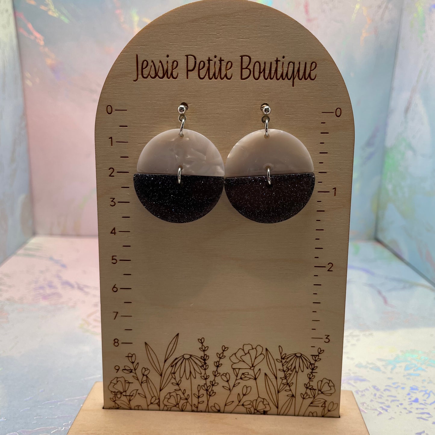 White Acetate And Sparkly Black Half Circle Earrings