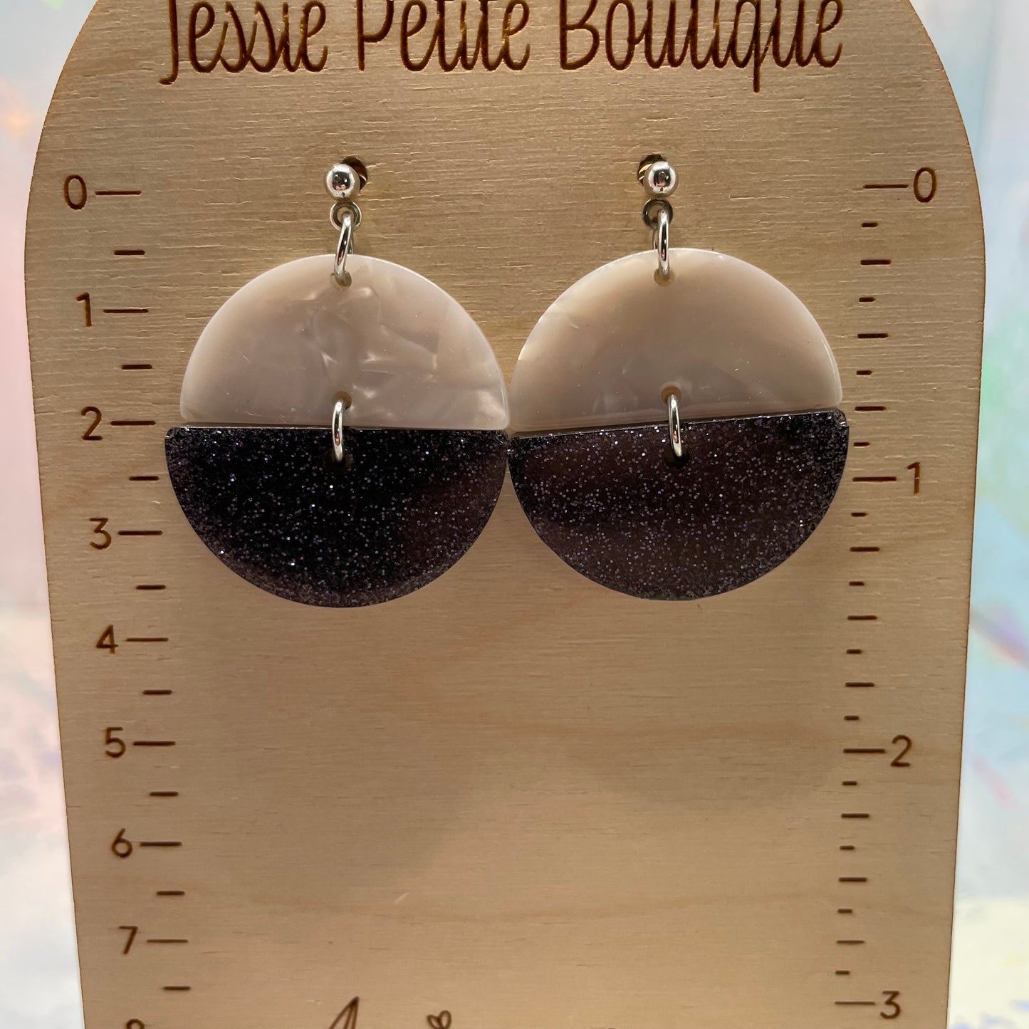 White Acetate And Sparkly Black Half Circle Earrings