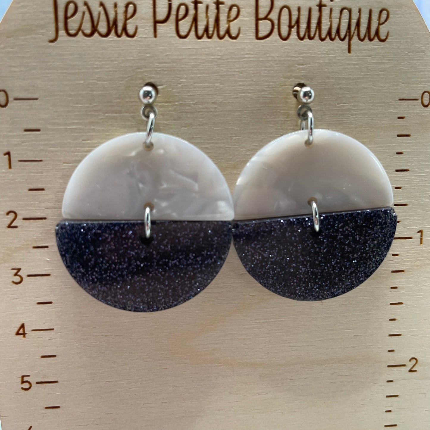 White Acetate And Sparkly Black Half Circle Earrings