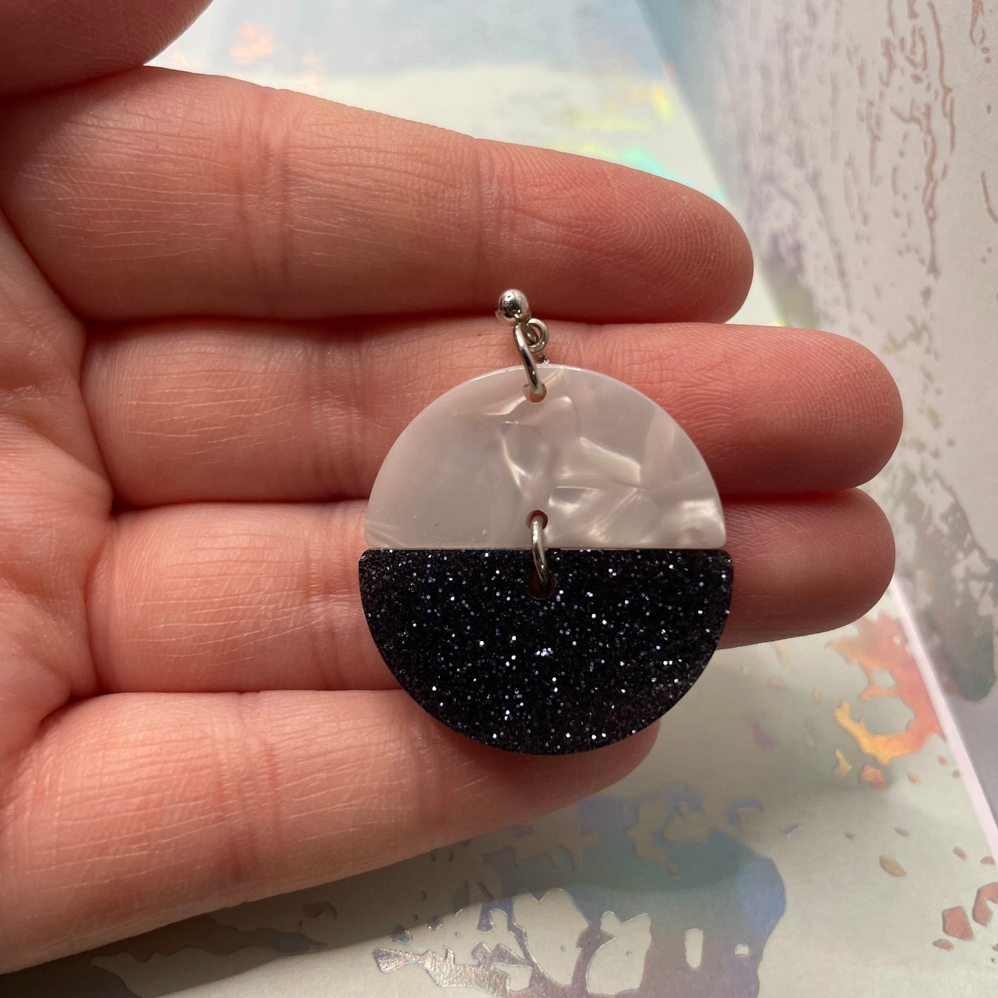 White Acetate And Sparkly Black Half Circle Earrings