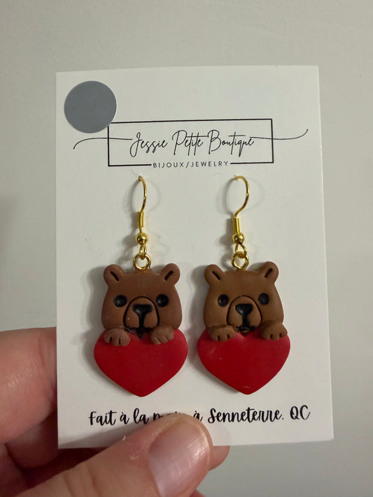 Polymer Clay Capybara & Heart Earrings
