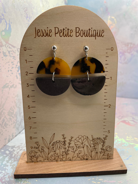Tortoise Acrylic And Black Half Circle Earrings-Nickel Free+Stainless Steel