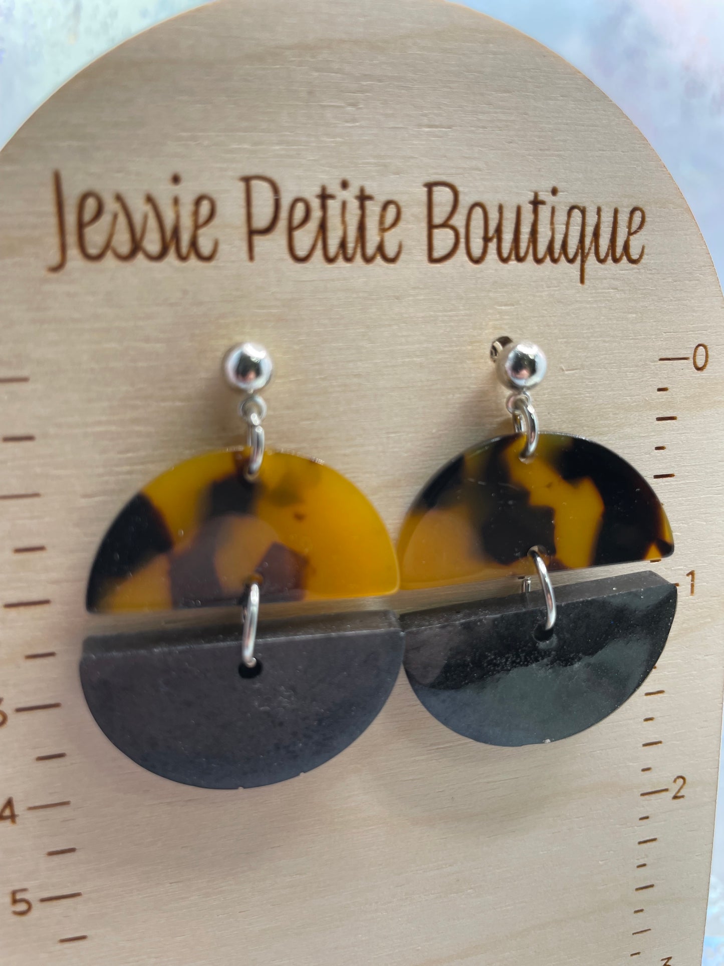 Tortoise Acrylic And Black Half Circle Earrings-Nickel Free+Stainless Steel
