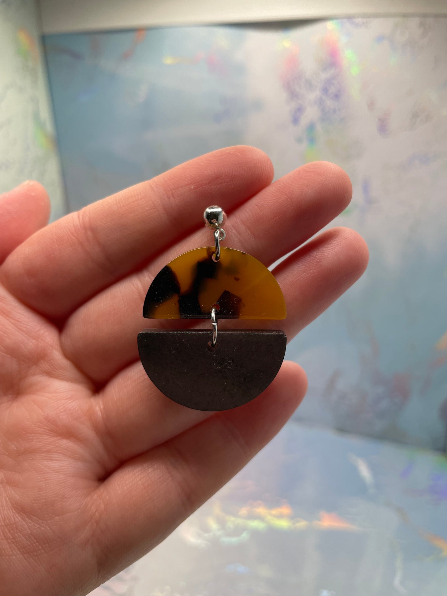 Tortoise Acrylic And Black Half Circle Earrings-Nickel Free+Stainless Steel