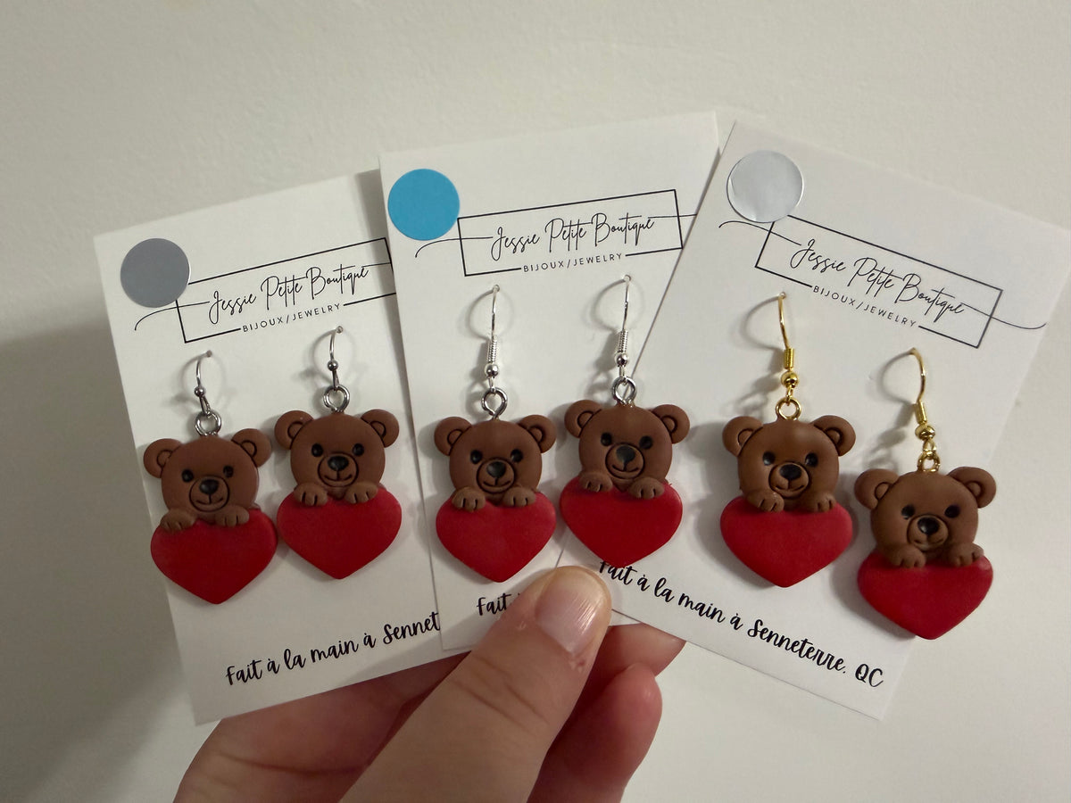 Polymer Clay Bear & Heart Earrings
