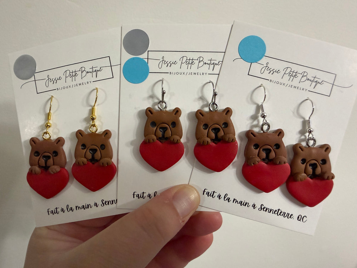 Polymer Clay Capybara & Heart Earrings
