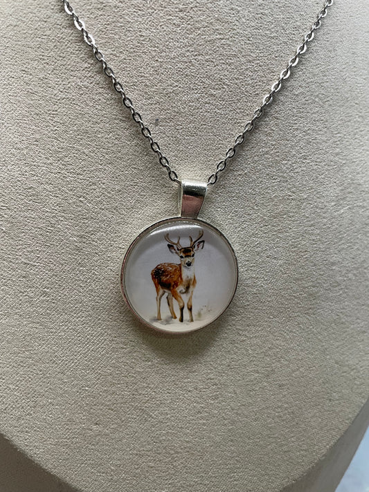 Collier Cabochon Chevreuil (Finition Argent)-Acier Inoxydable+ Sans Nickel