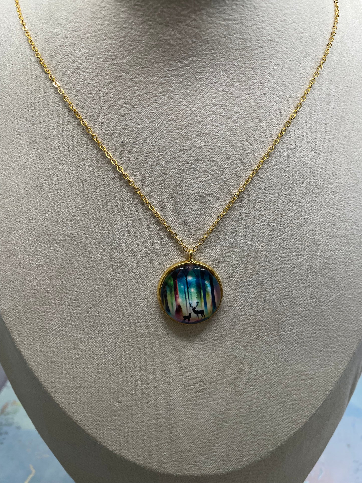 Collier Forêt & Chevreuil(Fini Doré)Acier Inoxydable+Sans Nickel