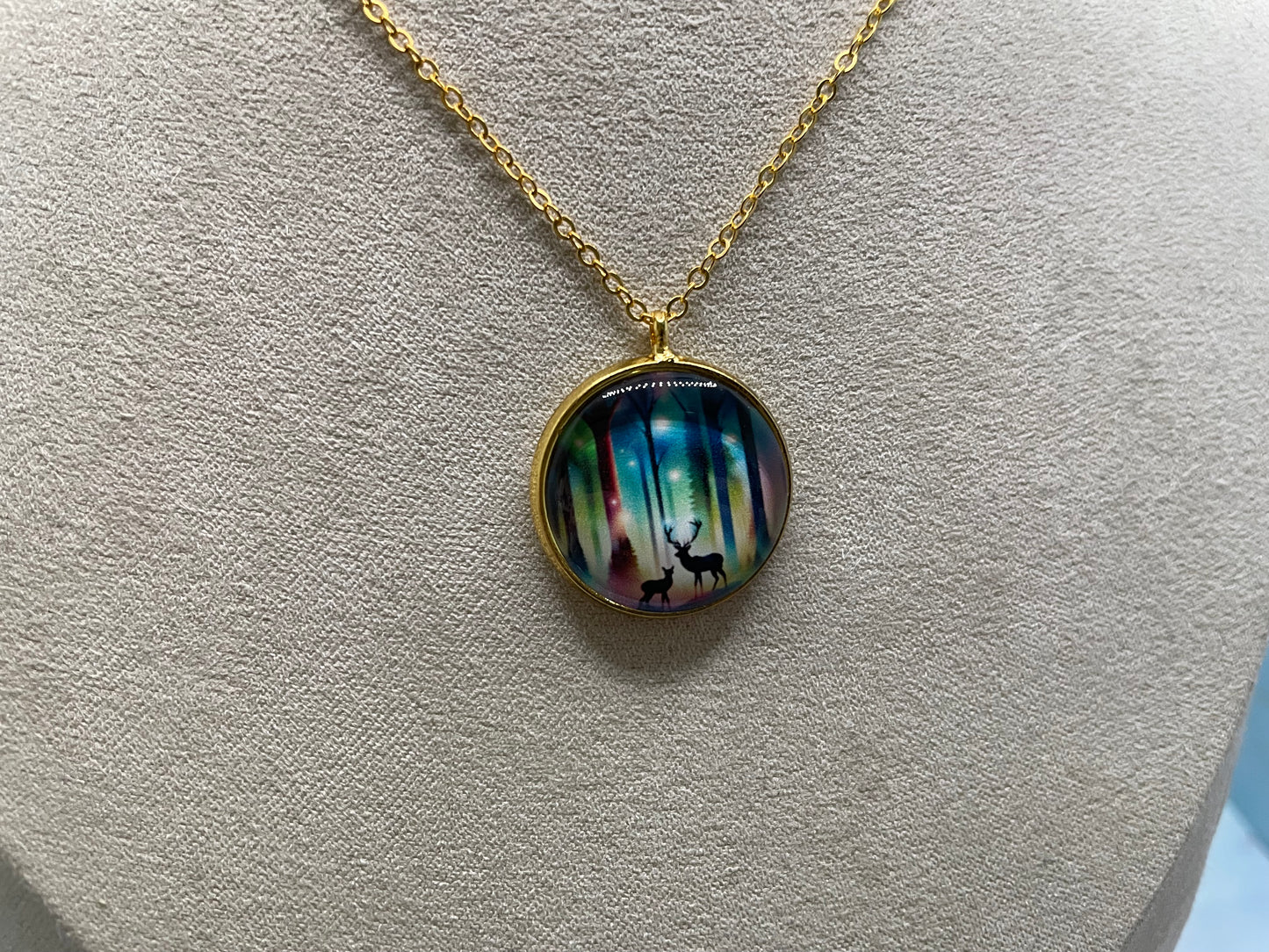 Collier Forêt & Chevreuil(Fini Doré)Acier Inoxydable+Sans Nickel