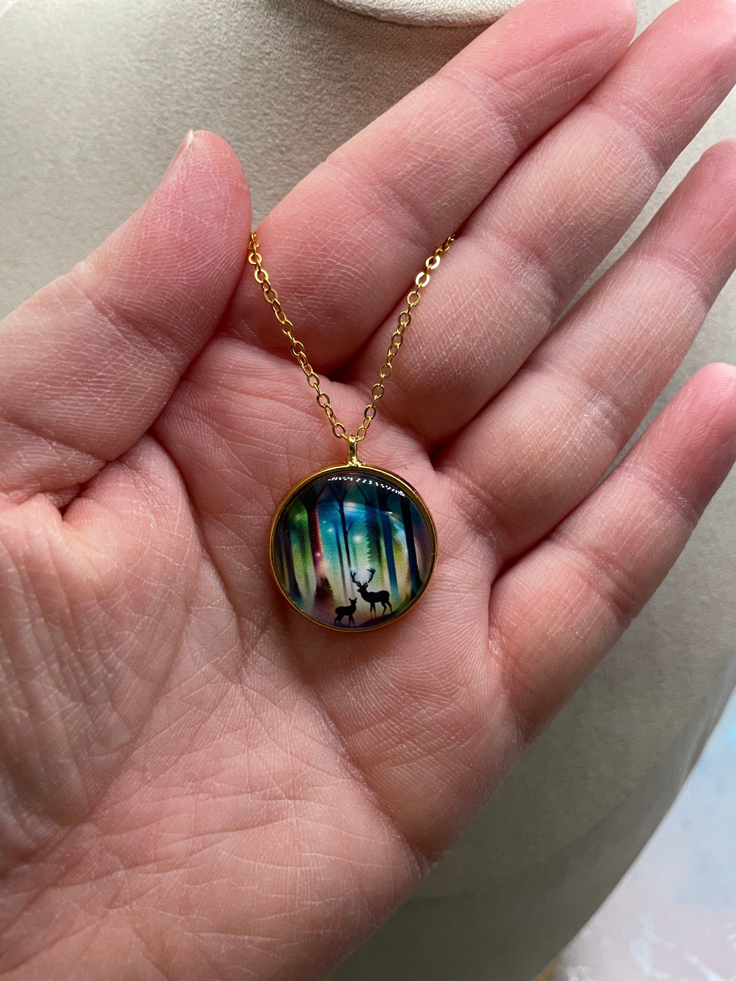 Collier Forêt & Chevreuil(Fini Doré)Acier Inoxydable+Sans Nickel