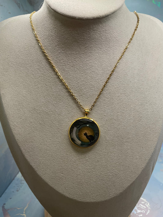Mystical Cat Scene Necklace (Gold Bezel)