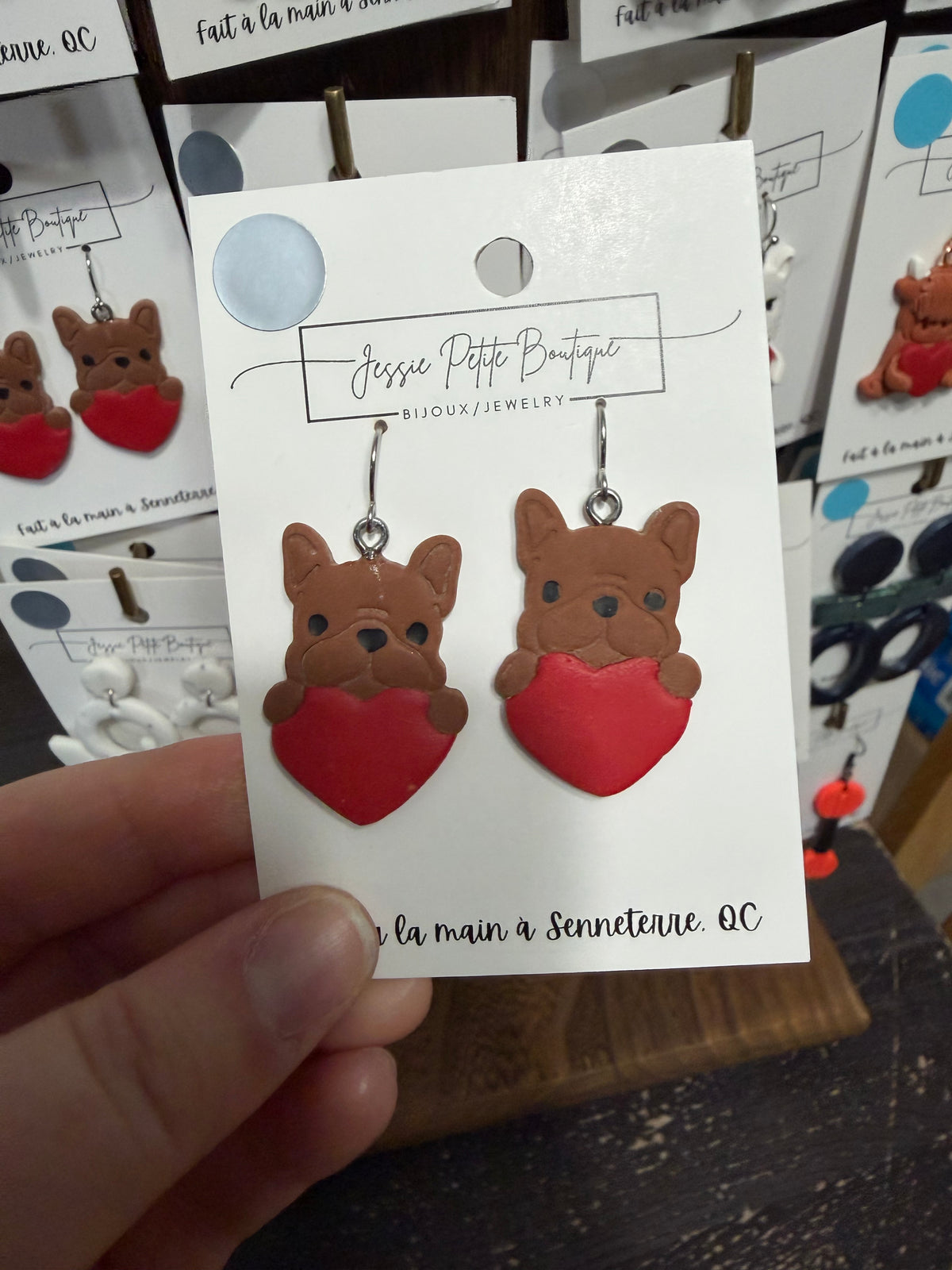 French Bulldog with Heart Polymer Clay Earrings