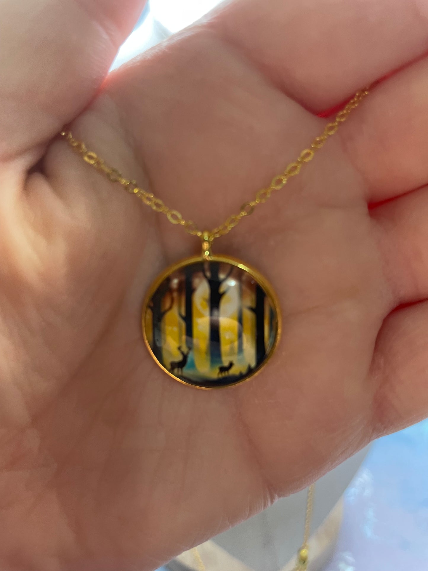 Collier Forêt & Chevreuil(Fini Doré)Acier Inoxydable+Sans Nickel