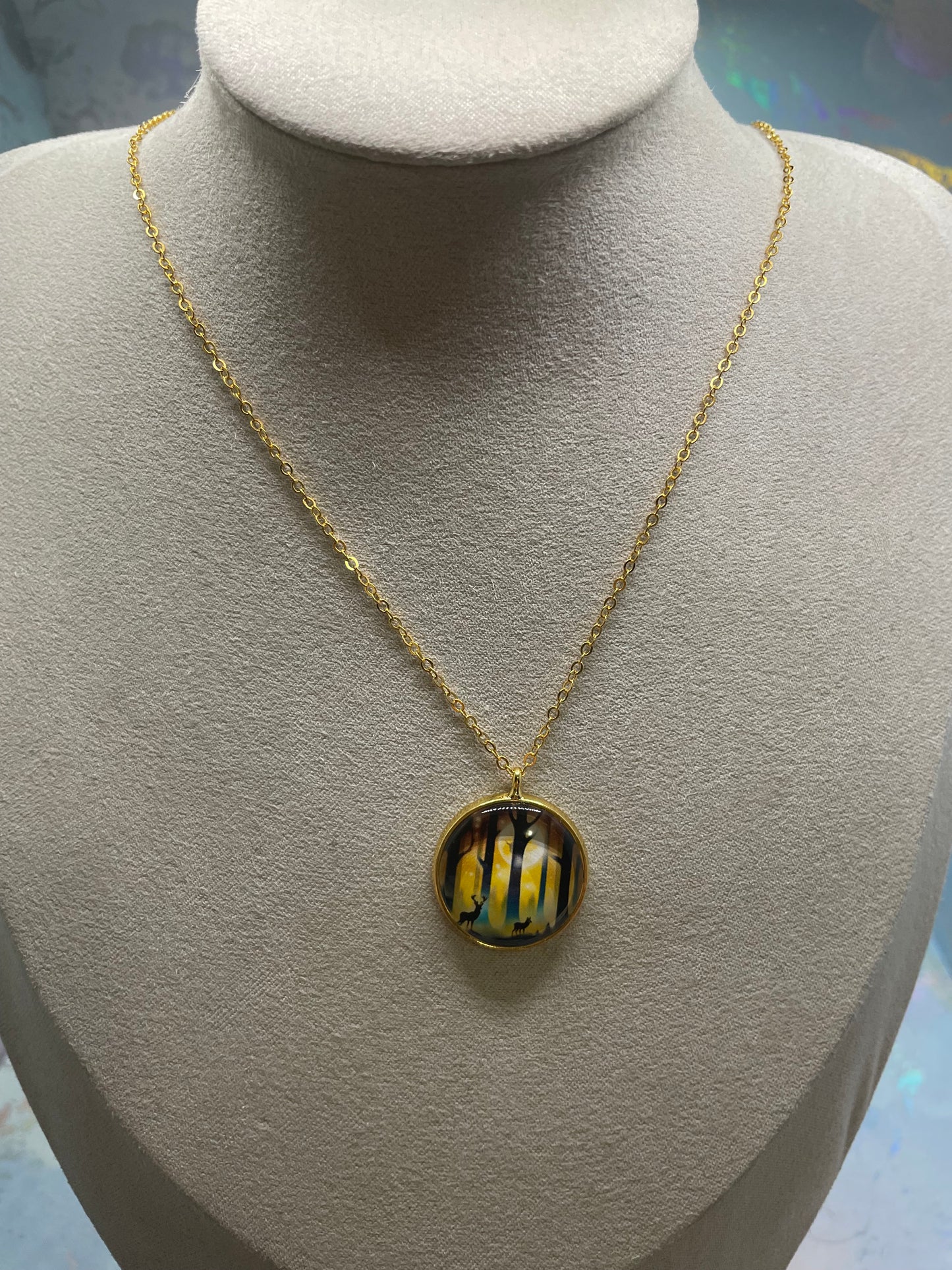 Collier Forêt & Chevreuil(Fini Doré)Acier Inoxydable+Sans Nickel