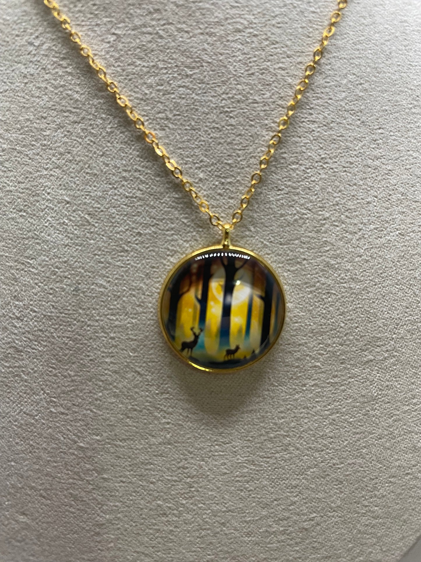 Collier Forêt & Chevreuil(Fini Doré)Acier Inoxydable+Sans Nickel